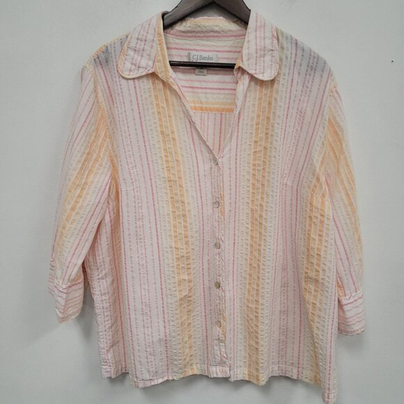 CJ Banks Womens Striped Button Up Top Size 2X White 3/4 Sleeve Mature Office - Picture 1 of 9
